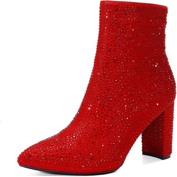 Dream Pairs Women Red-rhinestone Pointed Toe Fur Lining Block Heel Ankle Booties - Picture 1 of 7